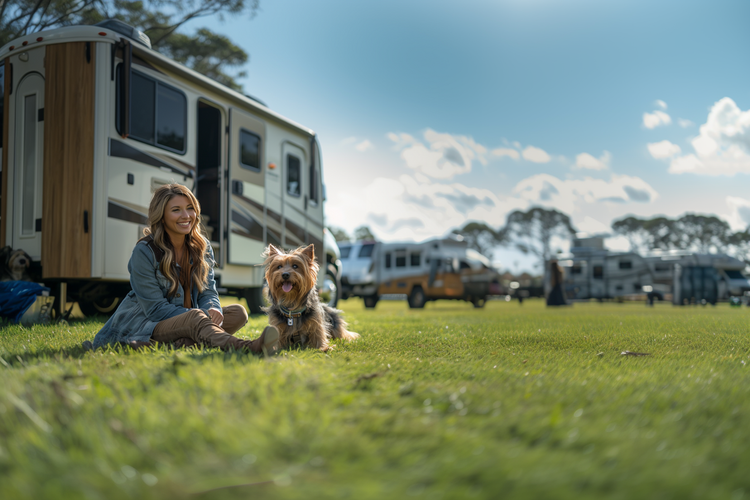 FAQ cover image - Women with pet in front of RV