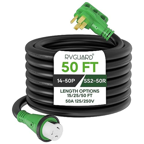 RVGUARD 50 Amp 50 Foot RV Power Cord, 14-50P to SS2-50R Generator Extension Cord, Heavy Duty STW Cord with LED Power Indicator and Cord Organizer, Green, ETL Listed