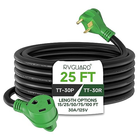 RVGUARD 30 Amp 25 Foot RV Extension Cord, Heavy Duty 10/3 Gauge STW Cord with LED Power Indicator and Cord Organizer, TT-30P/R Standard Plug, Green, ETL Listed