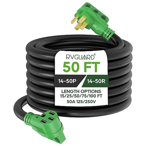 RVGUARD 50 Amp 50 Foot RV/EV Extension Cord, NEMA 14-50 Heavy Duty Extension Cord with LED Power Indicator and Cord Organizer, Green, ETL Listed