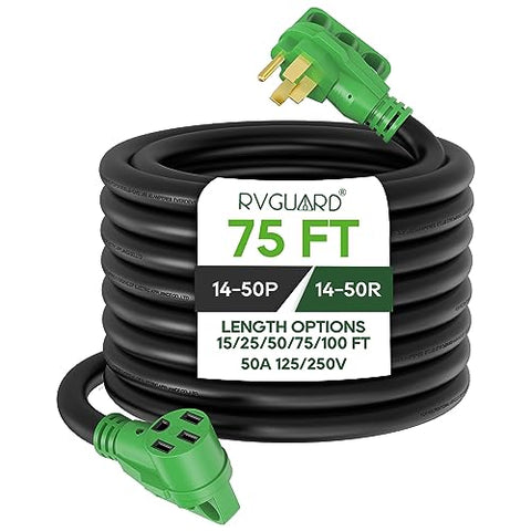 RVGUARD 50 Amp 75 Foot RV/EV Extension Cord, NEMA 14-50 Heavy Duty Extension Cord with LED Power Indicator and Cord Organizer, Green, ETL Listed