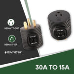 RVGUARD Overload Protector RV Power Adapter Plug Circuit Breaker, 30 Amp to 110 Volt RV Adapter Plug, NEMA TT-30P to NEMA 5-15R Electrical Power Adapter, ETL Listed