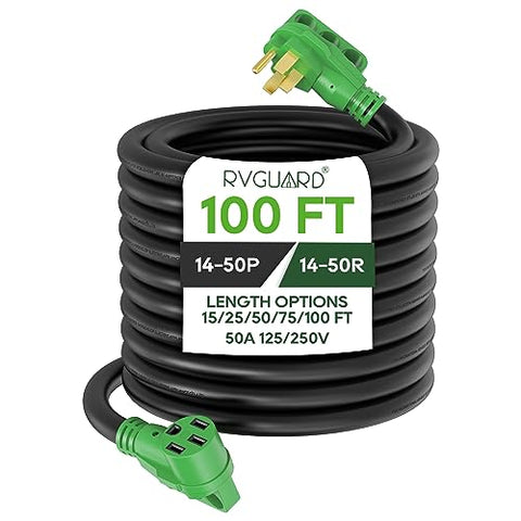 RVGUARD 50 Amp 100 Foot RV/EV Extension Cord, NEMA 14-50 Heavy Duty Extension Cord with LED Power Indicator and Cord Organizer, Green, ETL Listed