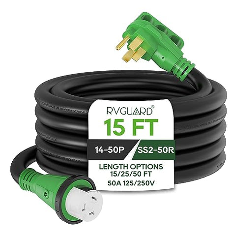 RVGUARD 50 Amp 15 Foot RV Power Cord, 14-50P to SS2-50R Generator Extension Cord, Heavy Duty STW Cord with LED Power Indicator and Cord Organizer, Green, ETL Listed