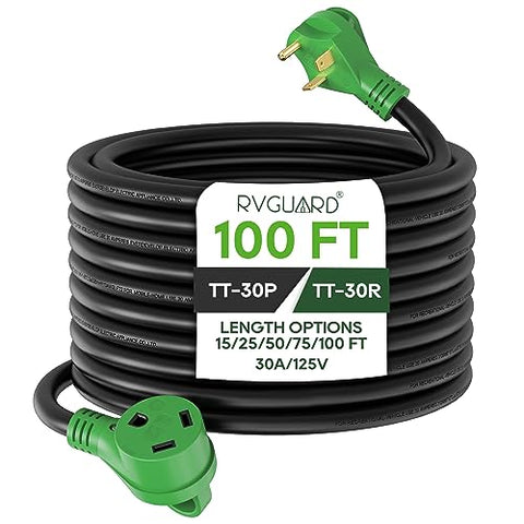 RVGUARD 30 Amp 100 Foot RV Extension Cord, Heavy Duty 10/3 Gauge STW Cord with LED Power Indicator and Cord Organizer, TT-30P/R Standard Plug, Green, ETL Listed