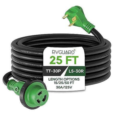 RVGUARD 30 Amp 25 Foot RV Power Extension Cord, Heavy Duty STW Cord with LED Power Indicator and Cord Organizer, 30 Amp Male Standard to 30 Amp Female Locking Connector, Green, ETL Listed