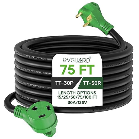 RVGUARD 30 Amp 75 Foot RV Extension Cord, Heavy Duty 10/3 Gauge STW Cord with LED Power Indicator and Cord Organizer, TT-30P/R Standard Plug, Green, ETL Listed