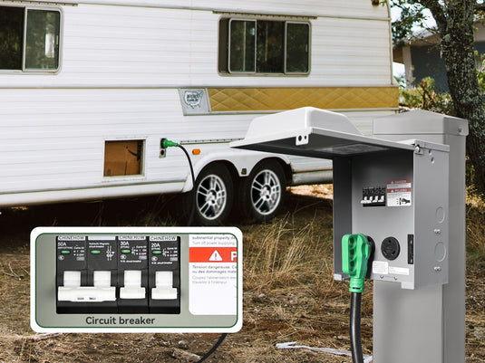 RVGUARD 50 amp RV outlet box with integrated circuit breaker — protects AC, fridge, and electronics from overload, ETL-certified for safety.