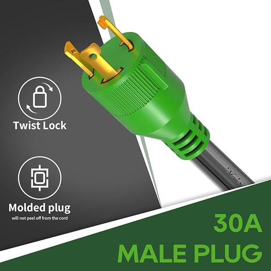 3 Prong RV Generator Adapter Cord 30 Amp to 50 Amp - Twist Lock - Molded plug