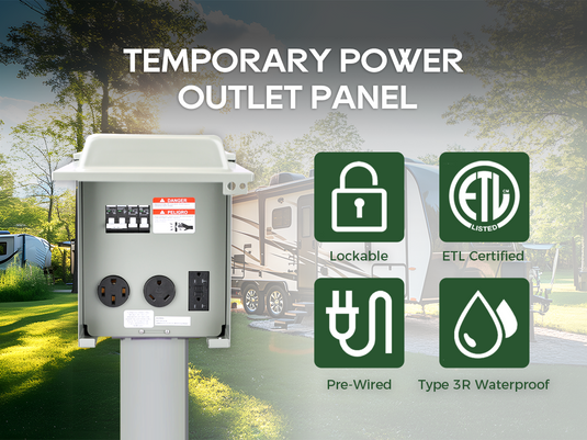 Temporary power outlet panel — ETL-certified, Type 3R waterproof, lockable, and pre-wired for campsites, events, or job sites.