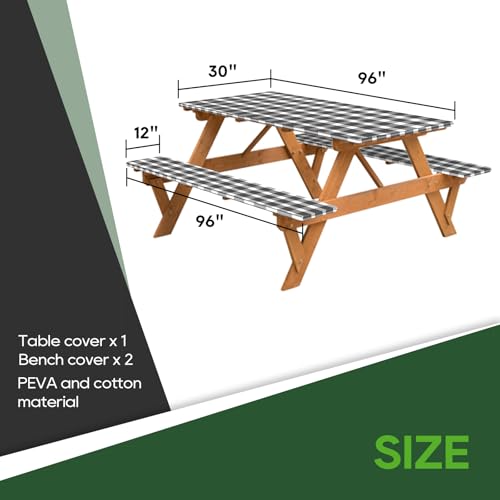 Load image into Gallery viewer, RVGUARD Picnic Table Cover and Bench Covers, 30x96 Inch, Black &amp; White, Fitted Tablecloth Cover with Elastic Edge, Water and Oil Proof
