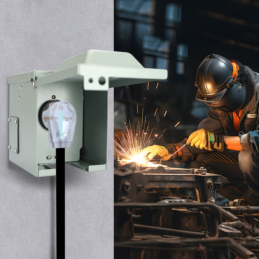 Heavy-duty RVGUARD welder outlet box powering industrial tools on a job site — rugged, secure, and built for tough environments.
