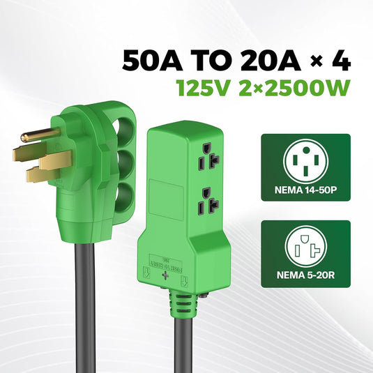 50 Amp to 20 Amp RV Distribution Adapter Cord - NEMA 14-50P to 4x 5-20R