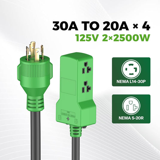 30 Amp to 20 Amp RV Distribution Adapter Cord - NEMA L14-30P to 4x 5-20R