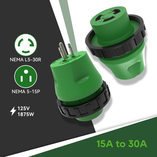 15 Amp to 30 Amp RV Adapter Plug - 5-15P to L5-30R