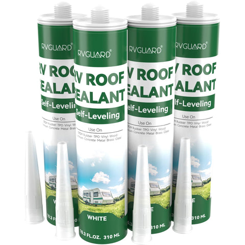 RVGUARD RV Roof Sealant, Self-Leveling Lap Sealant, Flexible RV Caulk Sealant for RV, Camper, Trailer, and Motorhome Roof Repair, White(4 Pack)