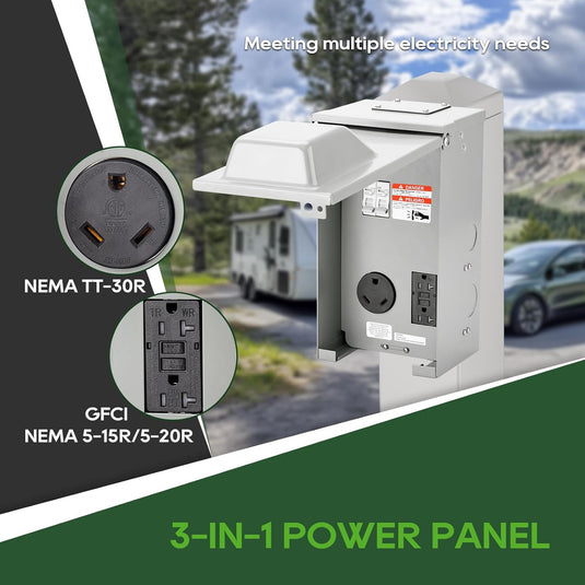 2 Receptacles Power Outlet Panel with 20 Amp Adapter - 20A + 30A