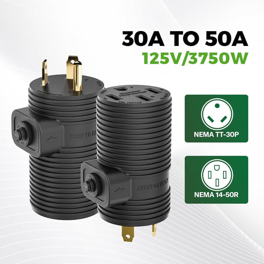 30 Amp to 50 Amp RV Adapter Plug with Circuit Breaker - TT-30P to 14-50R
