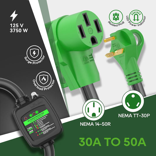 30 Amp to 50 Amp RV Surge Protector Adapter  - TT-30P to 14-50R