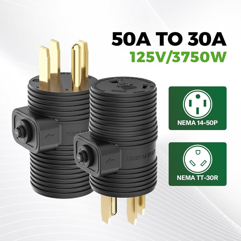 Load image into Gallery viewer, 50 Amp to 30 Amp RV Adapter Plug with Circuit Breaker - 14-50P to TT-30R
