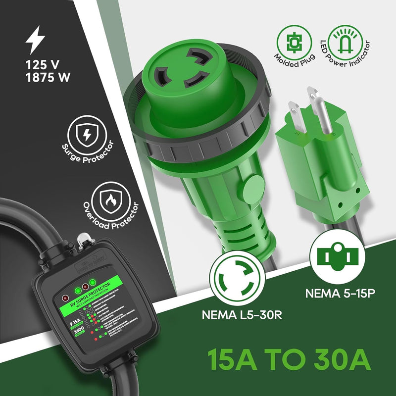 Load image into Gallery viewer, 15 Amp to 30 Amp RV Surge Protector Adapter - 5-15P to L5-30R
