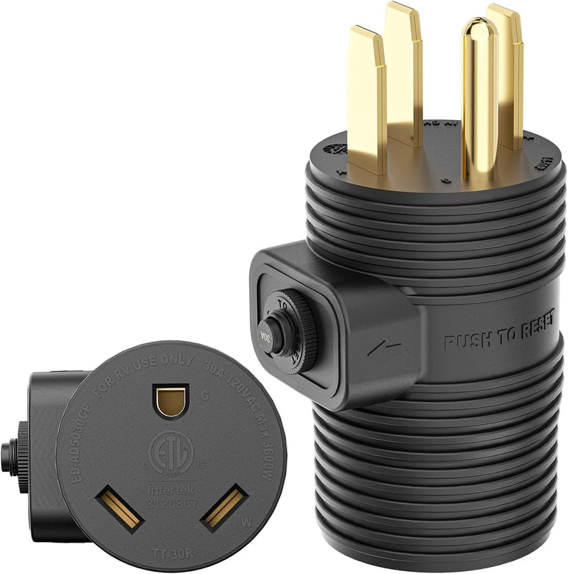 Load image into Gallery viewer, 50 Amp to 30 Amp RV Adapter Plug with Circuit Breaker - 14-50P to TT-30R
