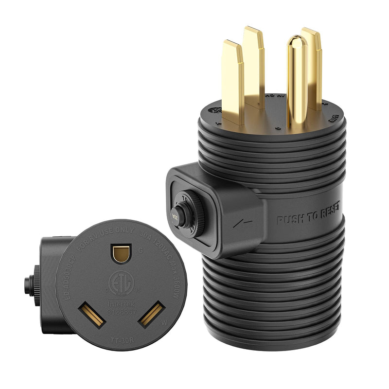 Load image into Gallery viewer, 50 Amp to 30 Amp RV Adapter Plug with Circuit Breaker - 14-50P to TT-30R
