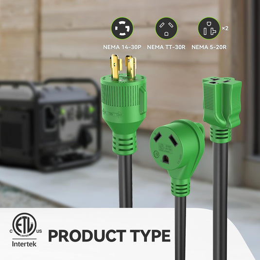 3-Way Generator Adapter - L14-30P to 1 x TT-30R + 2 x 5-20R