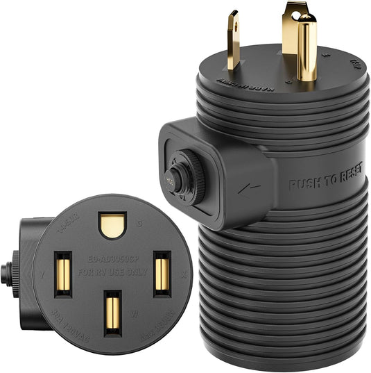 30 Amp to 50 Amp RV Adapter Plug with Circuit Breaker - TT-30P to 14-50R