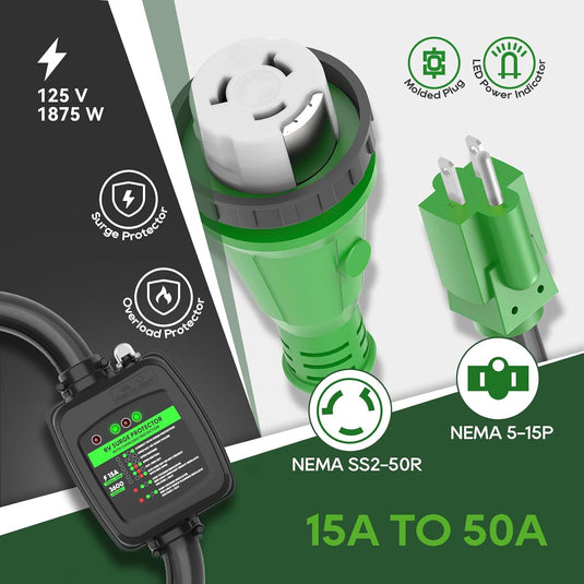 15 Amp to 50 Amp RV Surge Protector Adapter - 5-15P to SS2-50R