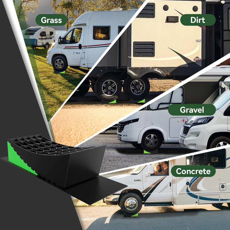 Load image into Gallery viewer, RVGUARD Camper Levelers, Up to 35,000 lbs RV Camper Leveling Kit with Curved Levelers and Wheel Chocks, Offers Gradual Height Changes Instead of Block Height Increments, Comes with Anti-slip Mats
