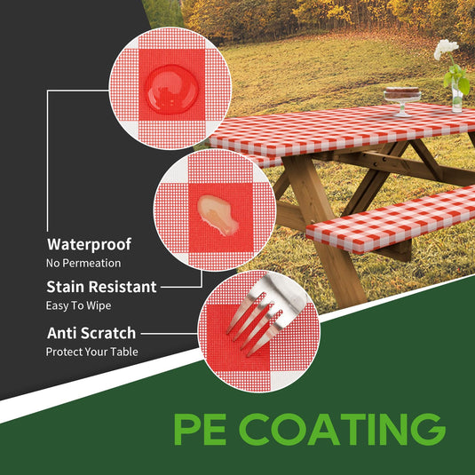 RVGUARD Picnic Table Cover and Bench Covers, 28x72 Inch, Red & White, Fitted Tablecloth Cover with Elastic Edge, Water and Oil Proof