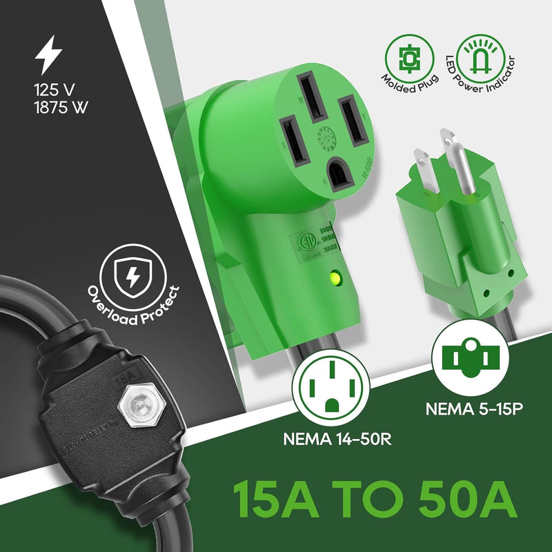 Load image into Gallery viewer, RV Adapter Cord with Overload Protector 50 Amp to 110 Volt NEMA 14-50R - RVGUARD
