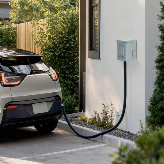 EV charging safely with RVGUARD 50 amp outlet box — ETL-certified, weatherproof, and perfect for home backup power.