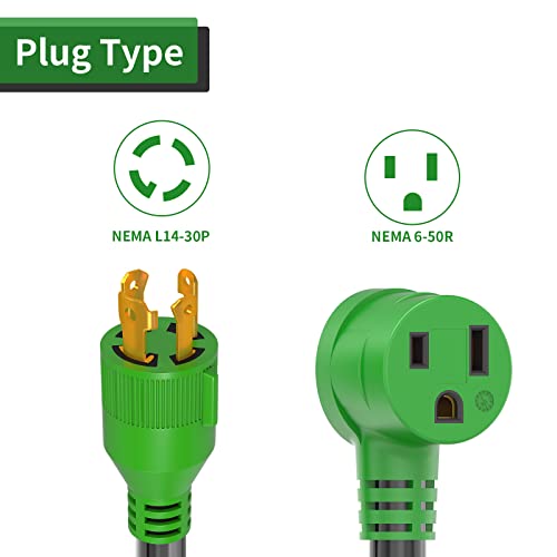 RVGUARD Welder Adapter, Generator 4 Prong 30 Amp to Welder 50 Amp Adapter, NEMA L14-30P to 6-50R Welding Adapter, 12 Inch, Green