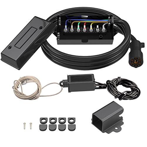 RVGUARD 7 Way 8 Foot Trailer Cord with 7 Gang Junction Box Kit,Include 12V Breakaway Switch and Plug Holder, Trailer Connector Cable Wiring Harness with Waterproof Junction Box