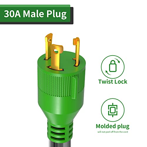 Load image into Gallery viewer, RVGUARD 3 Prong 30 Amp to 30 Amp RV Generator Adapter Cord 12 Inch STW 10/3, L5-30P Locking Male Plug to TT-30R Female with LED Power Indicator, Green
