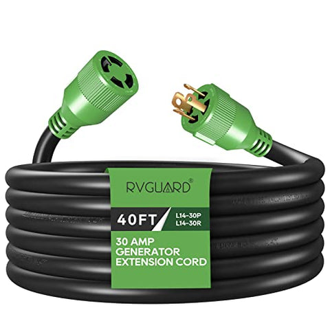 RVGUARD 4 Prong 30 Amp 40 Foot Generator Extension Cord, NEMA L14-30P/L14-30R, 125/250V Up to 7500W 10 Gauge SJTW Generator Cord with Cord Organizer, ETL Listed