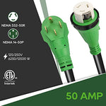 RVGUARD 50 Amp 25 Foot RV Power Cord, 14-50P to SS2-50R Generator Extension Cord, Heavy Duty STW Cord with LED Power Indicator and Cord Organizer, Green, ETL Listed
