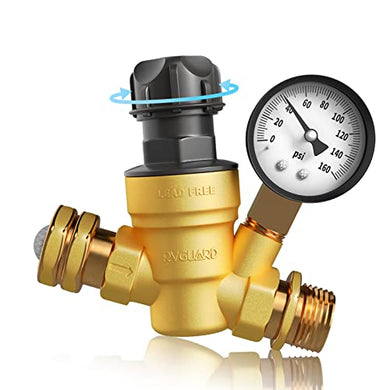 RVGUARD RV Water Pressure Regulator Valve with an Adjustable Knob, NO Tool Required, Brass Lead-Free Water Pressure Reducer with Gauge and Inlet Screen Filter for RV Camper Travel Trailer