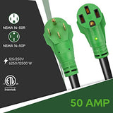 RVGUARD 50 Amp 25 Foot RV/EV Extension Cord, NEMA 14-50 Heavy Duty Extension Cord with LED Power Indicator and Cord Organizer, Green, ETL Listed