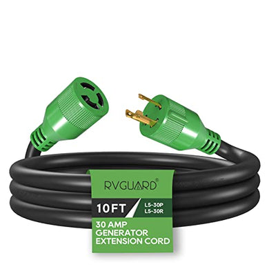 RVGUARD 3 Prong 30 Amp 10 Foot Generator Extension Cord, NEMA L5-30P/L5-30R 125V 10 Gauge SJTW Generator Power Cord, ETL Listed