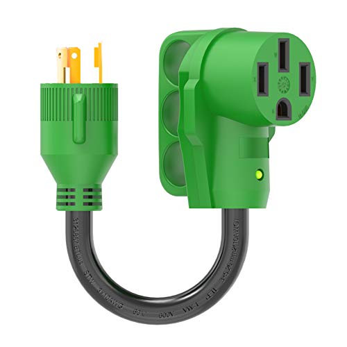 Load image into Gallery viewer, RVGUARD 3 Prong 30 Amp to 50 Amp RV Generator Adapter Cord 12 Inch, STW 10/3, L5-30P Locking Male Plug to 14-50R Female with LED Power Indicator, Green
