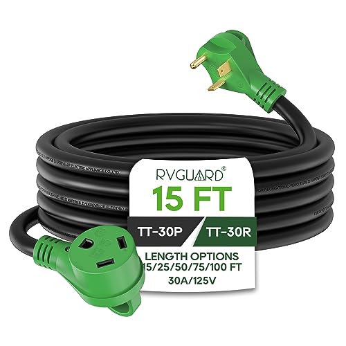 RVGUARD 30 Amp 15 Foot RV Extension Cord, Heavy Duty 10/3 Gauge STW Cord with LED Power Indicator and Cord Organizer, TT-30P/R Standard Plug, Green, ETL Listed