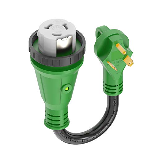 Load image into Gallery viewer, RVGUARD 30 Amp to 50 Amp RV Adapter with Locking Connector 12 Inch, NEMA TT-30P Male to NEMA SS2-50R Female Dogbone Electrical Converter with LED Power Indicator, Green
