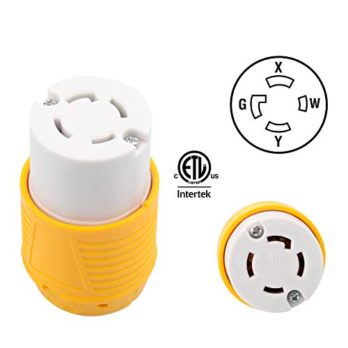 RVGUARD NEMA L14-30R Generator Female Connector, 30 Amp AC 125V/250V,3 Pole-4 Wire,Twist Locking,Yellow White,Copper Pins,7500 Watt ETL