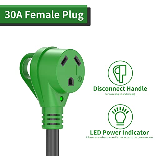 Load image into Gallery viewer, RVGUARD 4 Prong 30 Amp to 30 Amp RV Generator Adapter Cord 12 Inch, STW 10/3, L14-30P Locking Male Plug to TT-30R Female with LED Power Indicator, Green
