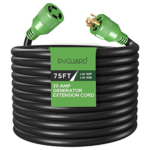 RVGUARD 4 Prong 30 Amp 75 Foot Generator Extension Cord, NEMA L14-30P/L14-30R, 125/250V Up to 7500W 10 Gauge SJTW Generator Cord with Cord Organizer, ETL Listed