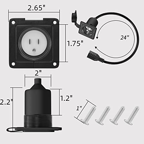 RVGUARD 15 Amp 125V AC Power Inlet Port Plug with Integrated 24" Extension Cord, NEMA 5-15 Flanged Inlet, Compatible with Waterproof Front & Back Covers(Black ETL Approved)