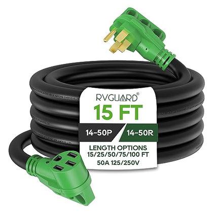 RVGUARD 50 Amp 15 Foot RV/EV Extension Cord, NEMA 14-50 Heavy Duty Extension Cord with LED Power Indicator and Cord Organizer, Green, ETL Listed